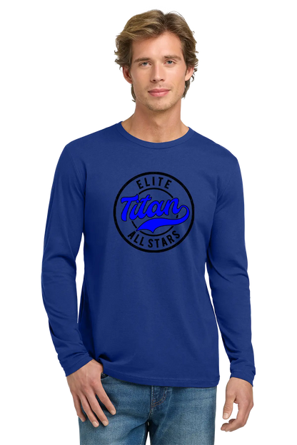 Man wearing a blue long-sleeve shirt with 'Elite Titan All Stars' print on a white background. Paper Street Print Co, Blairstown, NJ.