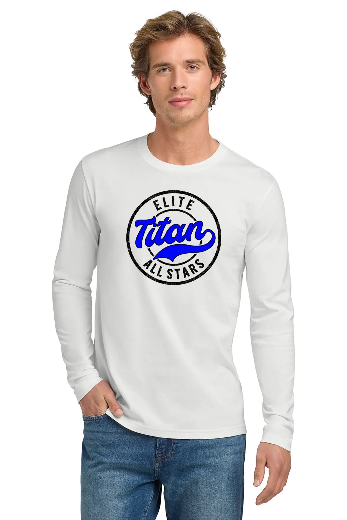 Man wearing a white long-sleeve shirt with 'Elite Titan All Stars' logo on a white background. Paper Street Print Co, Blairstown, NJ.