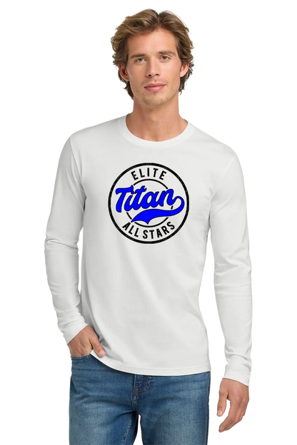 Man wearing a white long-sleeve shirt with 'Elite Titan All Stars' logo on a white background. Paper Street Print Co, Blairstown, NJ.