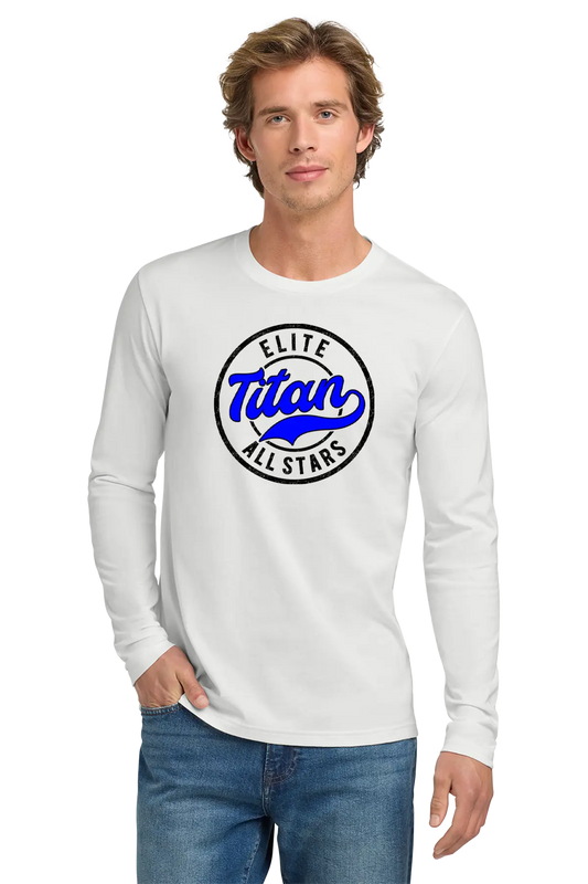 Man wearing a white long-sleeve shirt with 'Elite Titan All Stars' logo on a white background. Paper Street Print Co, Blairstown, NJ.
