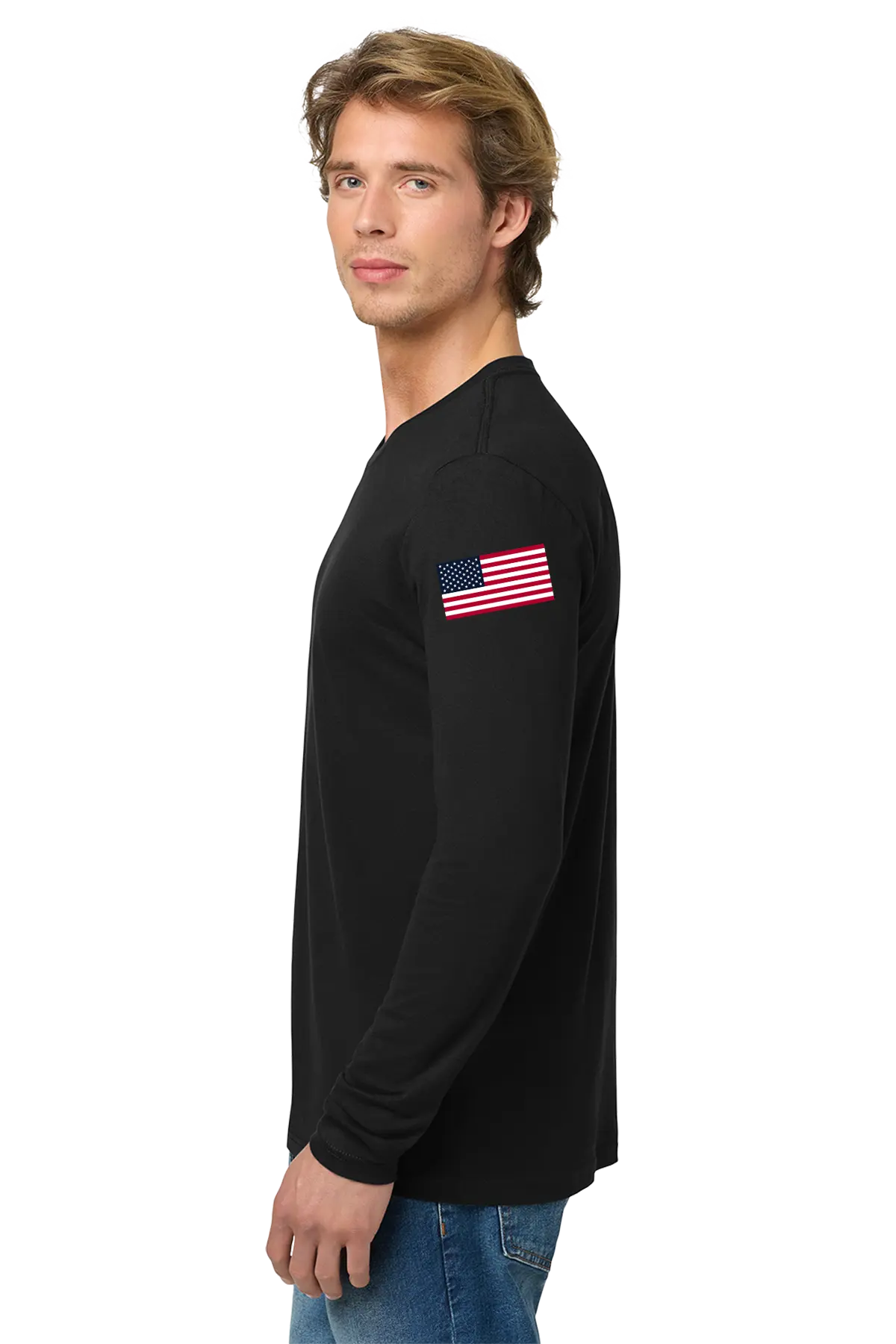 Man wearing a black long-sleeve shirt with an American flag on a white background. BRT Towing & Recovery, Paper Street Print Co, Blairstown, NJ.