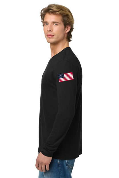 Man wearing a black long-sleeve shirt with an American flag on a white background. BRT Towing & Recovery, Paper Street Print Co, Blairstown, NJ.