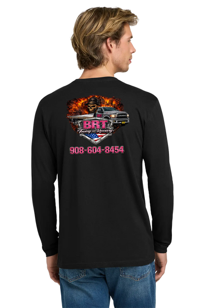 Person wearing a black long-sleeve shirt with a graphic design on the back, standing against a white background. BRT Towing & Recovery, Paper Street Print Co, Blairstown, NJ.