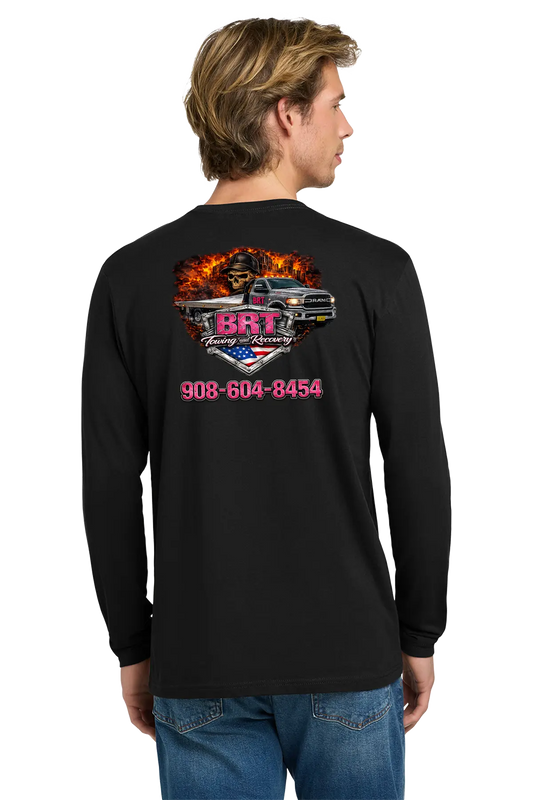 Person wearing a black long-sleeve shirt with a graphic design on the back, standing against a white background. BRT Towing & Recovery, Paper Street Print Co, Blairstown, NJ.
