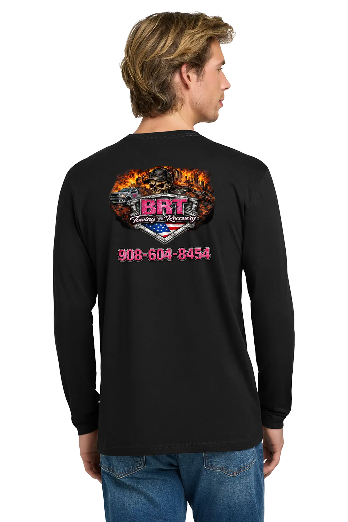 Person wearing a black long-sleeve shirt with a logo and text on the back, standing against a white background. BRT Towing & Recovery, Paper Street Print Co, Blairstown, NJ.