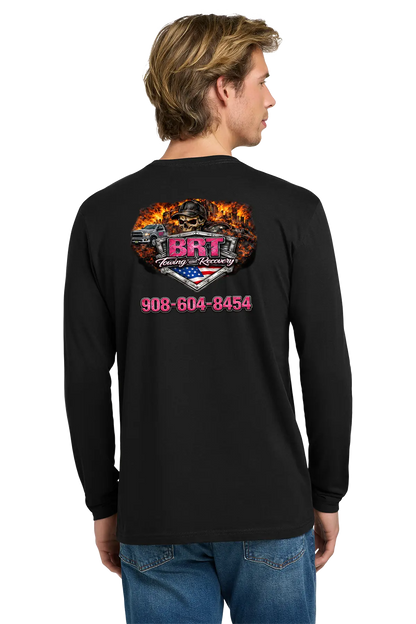 Person wearing a black long-sleeve shirt with a logo and text on the back, standing against a white background. BRT Towing & Recovery, Paper Street Print Co, Blairstown, NJ.