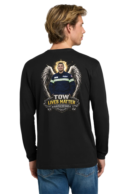 Person wearing a black long-sleeve shirt with a graphic design on the back, standing against a white background. #JUSTICEFORDJ - Paper Street Print Co, Blairstown, NJ.