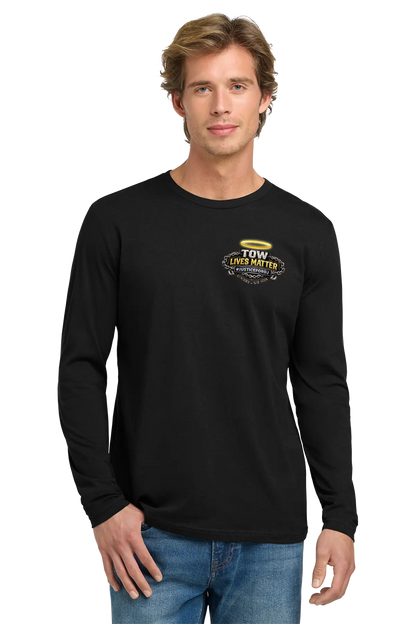 Man wearing a black long-sleeve shirt with a logo on a white background. #JUSTICEFORDJ - Paper Street Print Co, Blairstown, NJ.