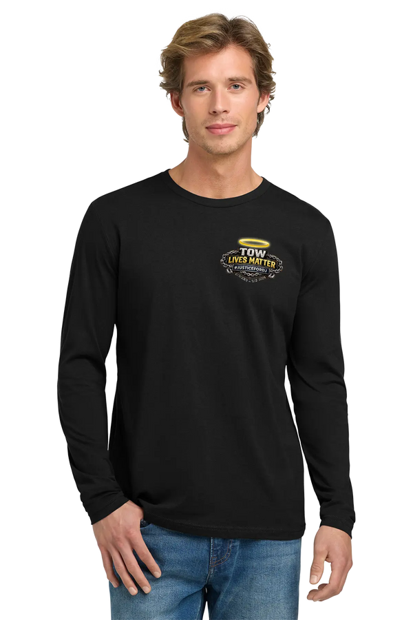 Man wearing a black long-sleeve shirt with a logo on a white background. #JUSTICEFORDJ - Paper Street Print Co, Blairstown, NJ.