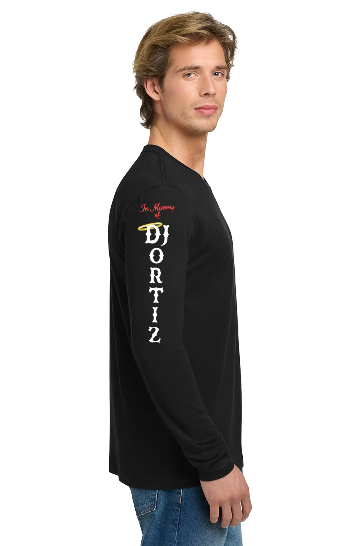 Man wearing a black long-sleeve shirt with text on the sleeve against a white background. #JUSTICEFORDJ - Paper Street Print Co, Blairstown, NJ.