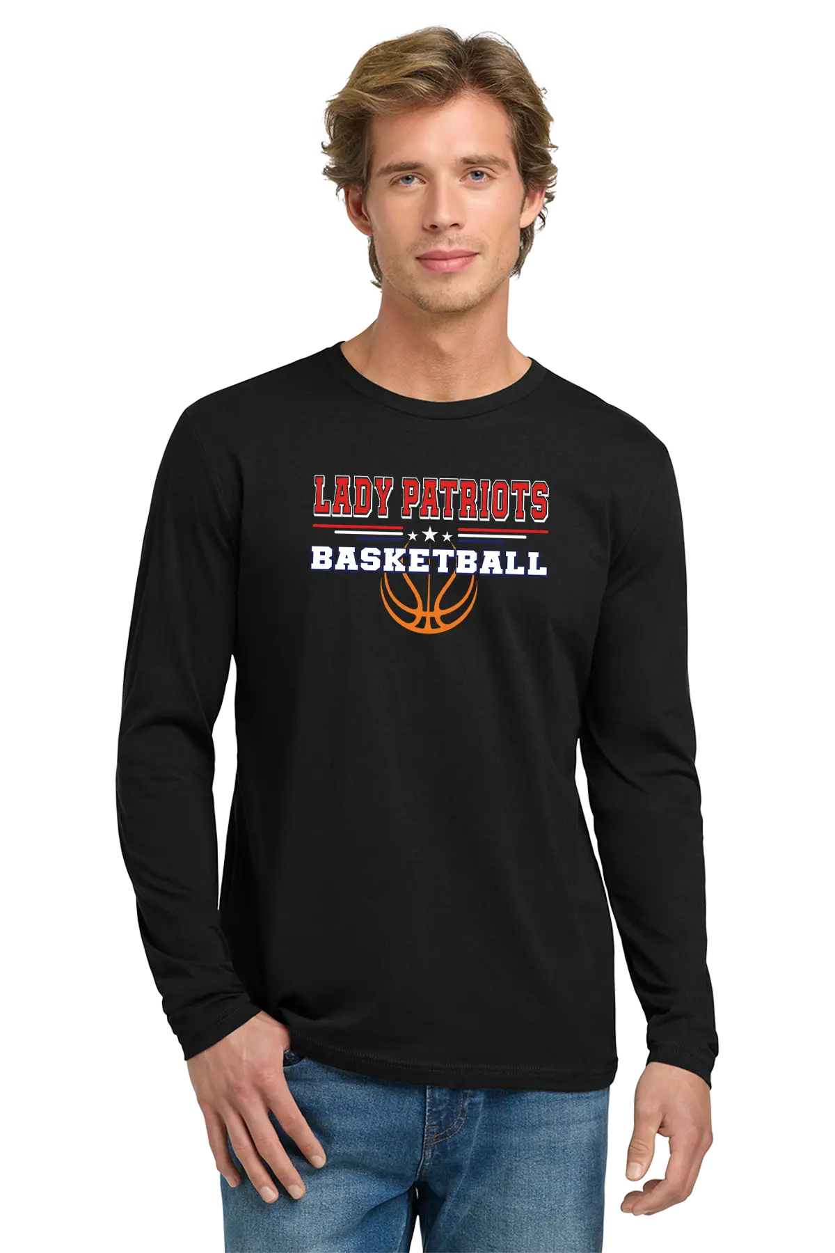Man wearing a black long-sleeve shirt with 'LADY PATROUTS BASKETBALL' text and logo on a white background. Paper Street Print Co, Blairstown, NJ.