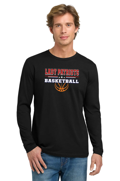 Man wearing a black long-sleeve shirt with 'LADY PATROUTS BASKETBALL' text and logo on a white background. Paper Street Print Co, Blairstown, NJ.