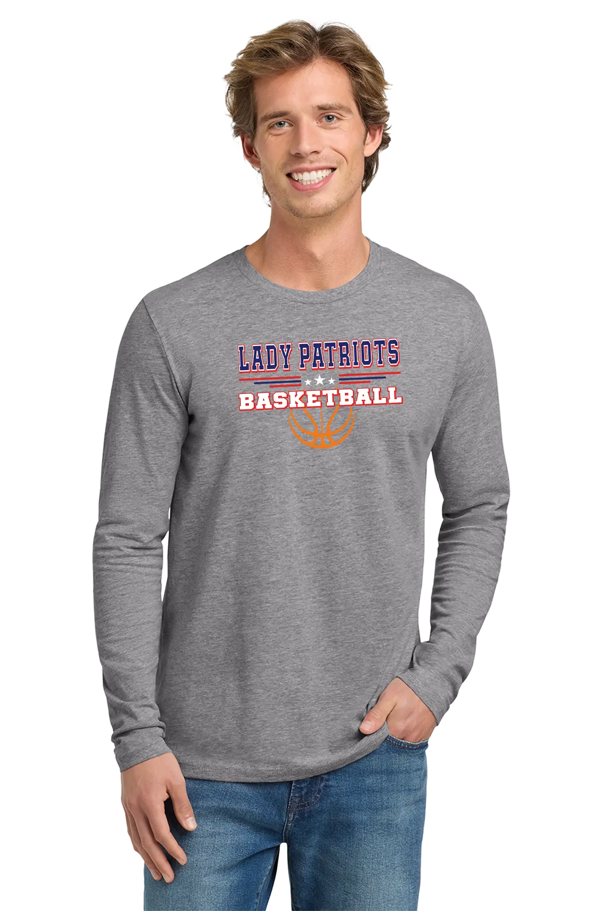 Man wearing a gray long-sleeve shirt with 'LADY PATRIOTS BASKETBALL' text and graphics on a white background. Paper Street Print Co, Blairstown, NJ.