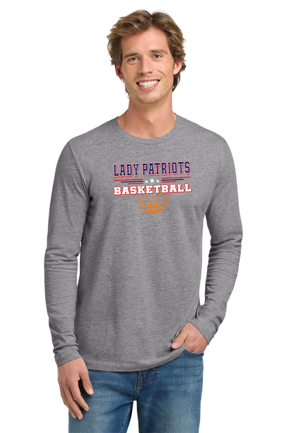 Man wearing a gray long-sleeve shirt with 'LADY PATRIOTS BASKETBALL' text and graphics on a white background. Paper Street Print Co, Blairstown, NJ.