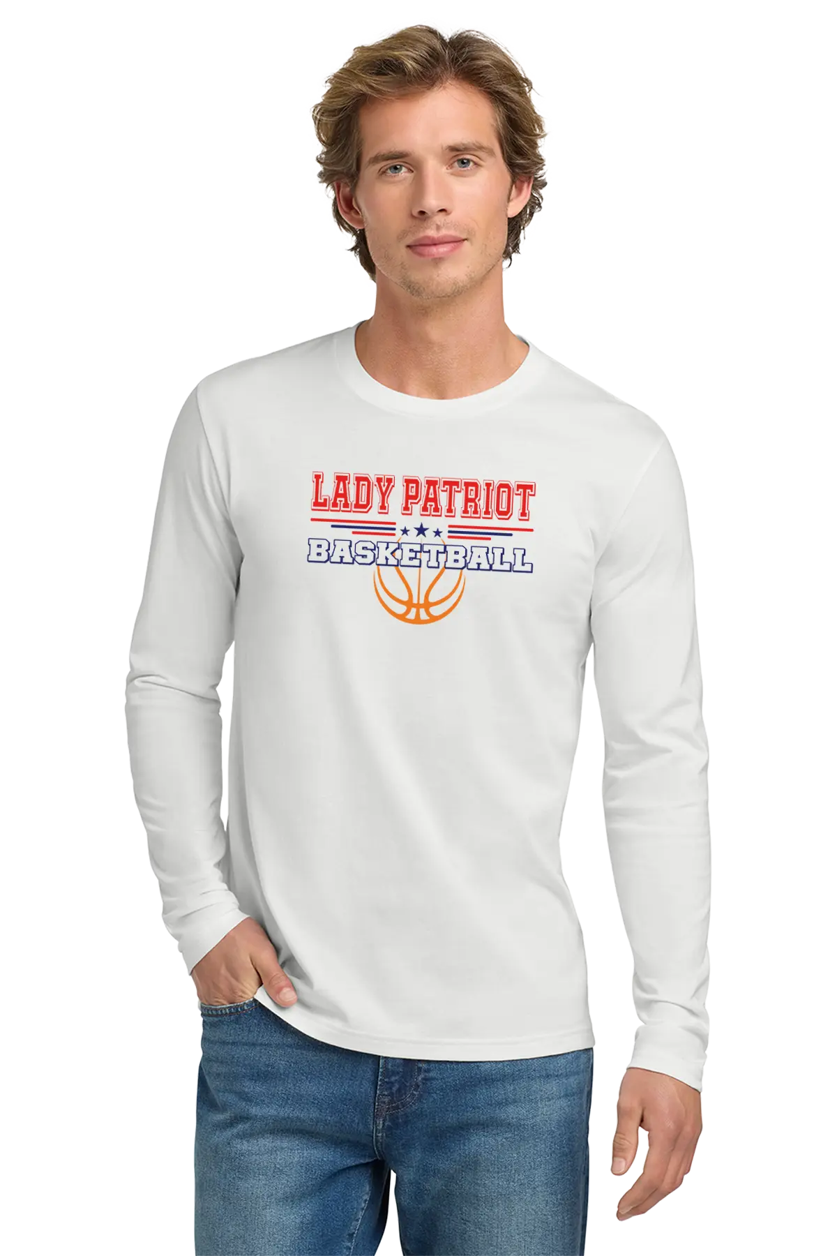 Man wearing a white long-sleeve shirt with 'LADY PATRIOT BASKETBALL' text and design. Paper Street Print Co, Blairstown, NJ.