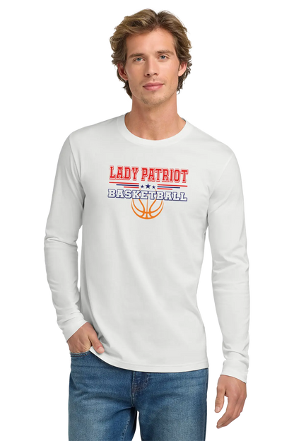 Man wearing a white long-sleeve shirt with 'LADY PATRIOT BASKETBALL' text and design. Paper Street Print Co, Blairstown, NJ.
