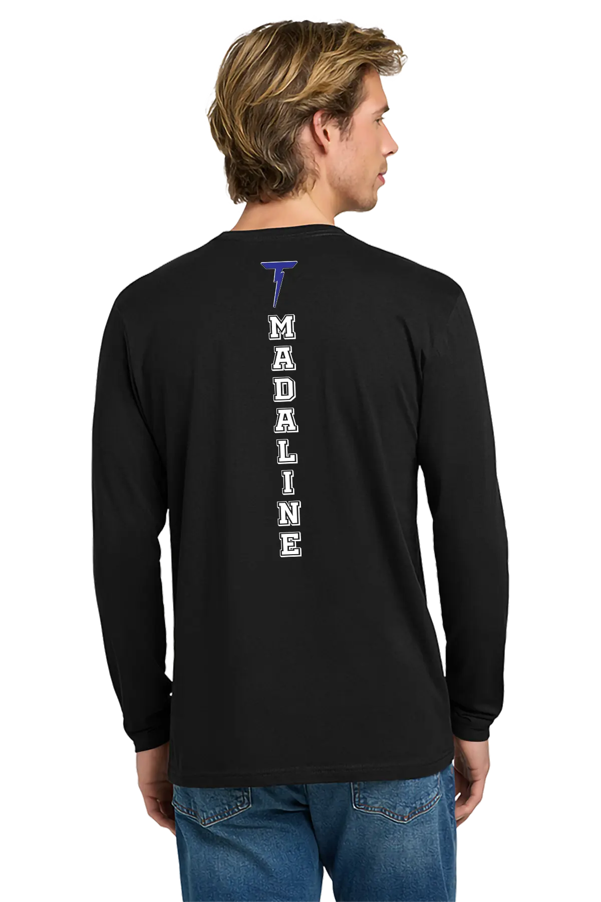 Person wearing a black long-sleeve shirt with 'Madaline' printed on the back, standing against a white background. Paper Street Print Co, Blairstown, NJ.