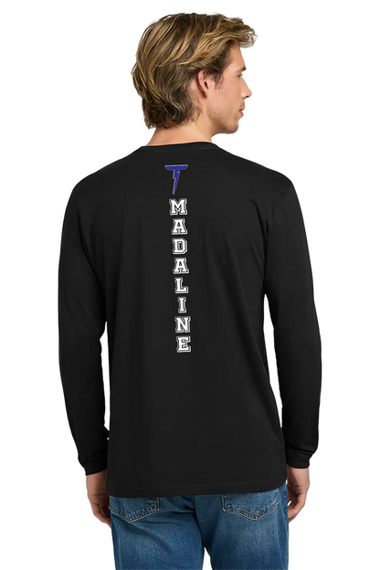 Person wearing a black long-sleeve shirt with 'Madaline' printed on the back, standing against a white background. Paper Street Print Co, Blairstown, NJ.