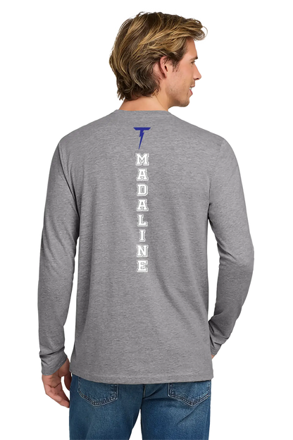 Man wearing a gray long-sleeve shirt with 'Madaline' branding on the back, standing against a white background. Paper Street Print Co, Blairstown, NJ.