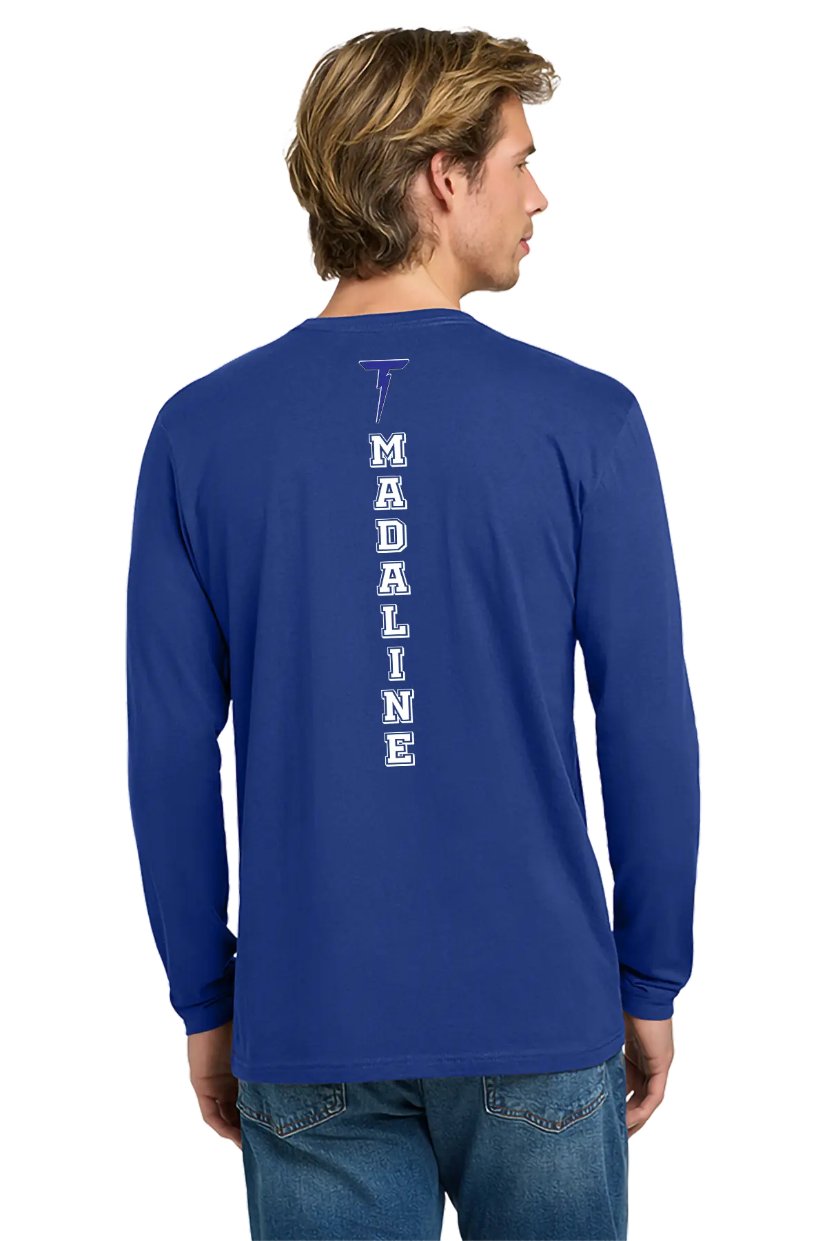 Person wearing a blue long-sleeve shirt with 'Madaline' printed on the back, on a white background. Paper Street Print Co, Blairstown, NJ.