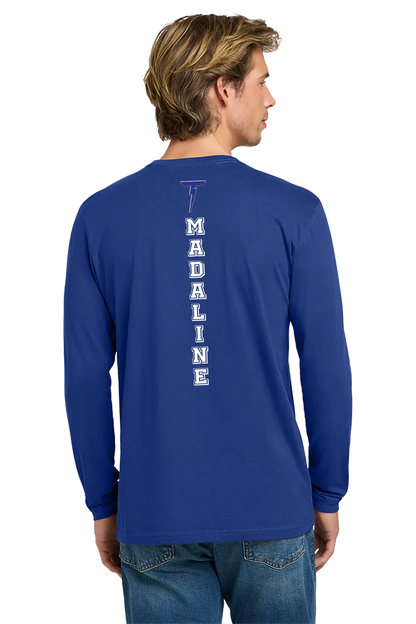 Person wearing a blue long-sleeve shirt with 'Madaline' printed on the back, on a white background. Paper Street Print Co, Blairstown, NJ.