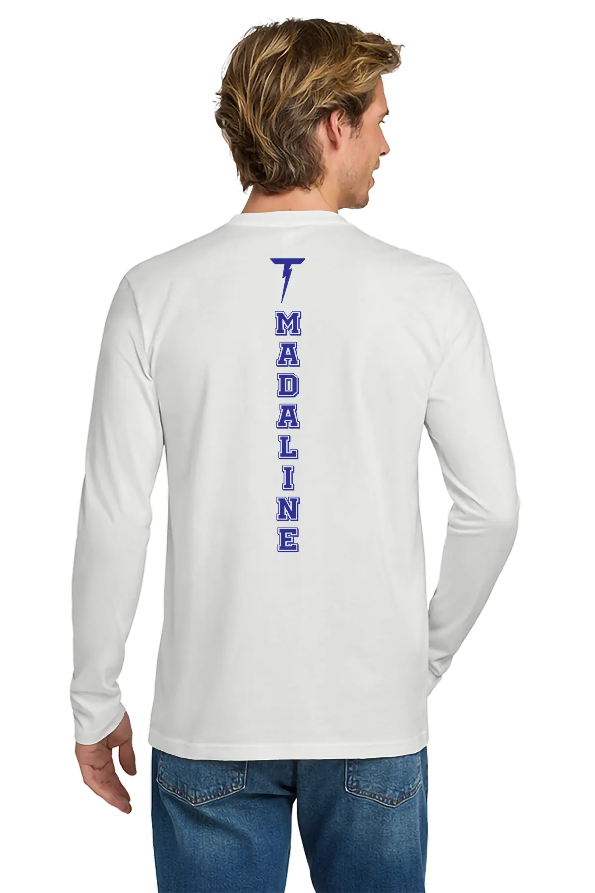 Man wearing a white long-sleeve shirt with 'Madaline' branding on the back, standing against a white background. Paper Street Print Co, Blairstown, NJ.