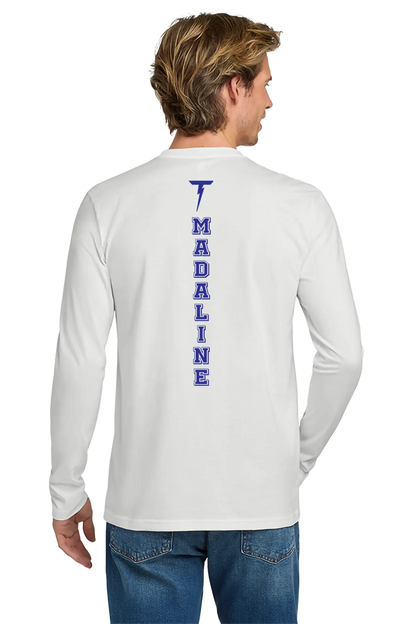 Man wearing a white long-sleeve shirt with 'Madaline' branding on the back, standing against a white background. Paper Street Print Co, Blairstown, NJ.