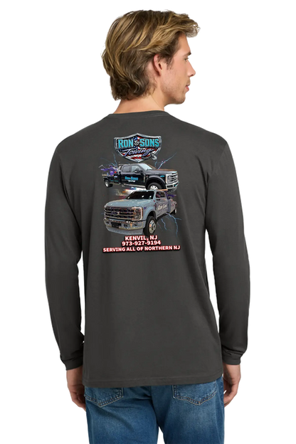 Person wearing a black long-sleeve shirt with graphics and text on the back, standing against a white background. Ron and Sons Towing, Paper Street Print Co, Blairstown, NJ.