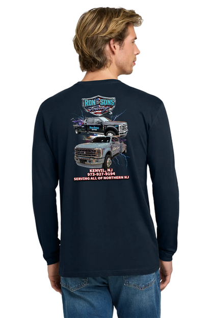 Man wearing a navy long-sleeve shirt with graphics and text on the back, standing against a white background. Ron and Sons Towing, Paper Street Print Co, Blairstown, NJ.