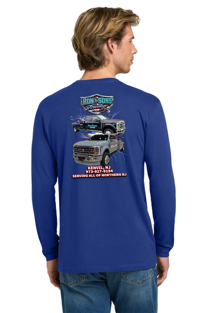 Person wearing a blue long-sleeve shirt with a graphic of trucks and text on the back. Ron and Sons Towing, Paper Street Print Co, Blairstown, NJ.