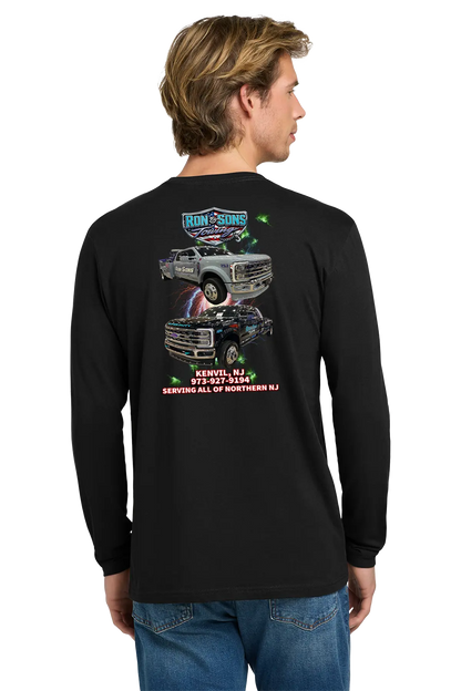 Person wearing a black long-sleeve shirt with graphic designs on the back, standing against a white background. Ron and Sons Towing, Paper Street Print Co, Blairstown, NJ.