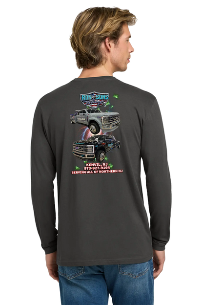 Person wearing a long-sleeve shirt with graphics and text on the back, standing against a white background. Ron and Sons Towing, Paper Street Print Co, Blairstown, NJ.