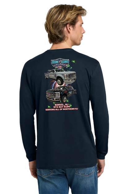 Person wearing a navy long-sleeve shirt with graphics and text on the back, standing against a white background. Ron and Sons Towing, Paper Street Print Co, Blairstown, NJ.