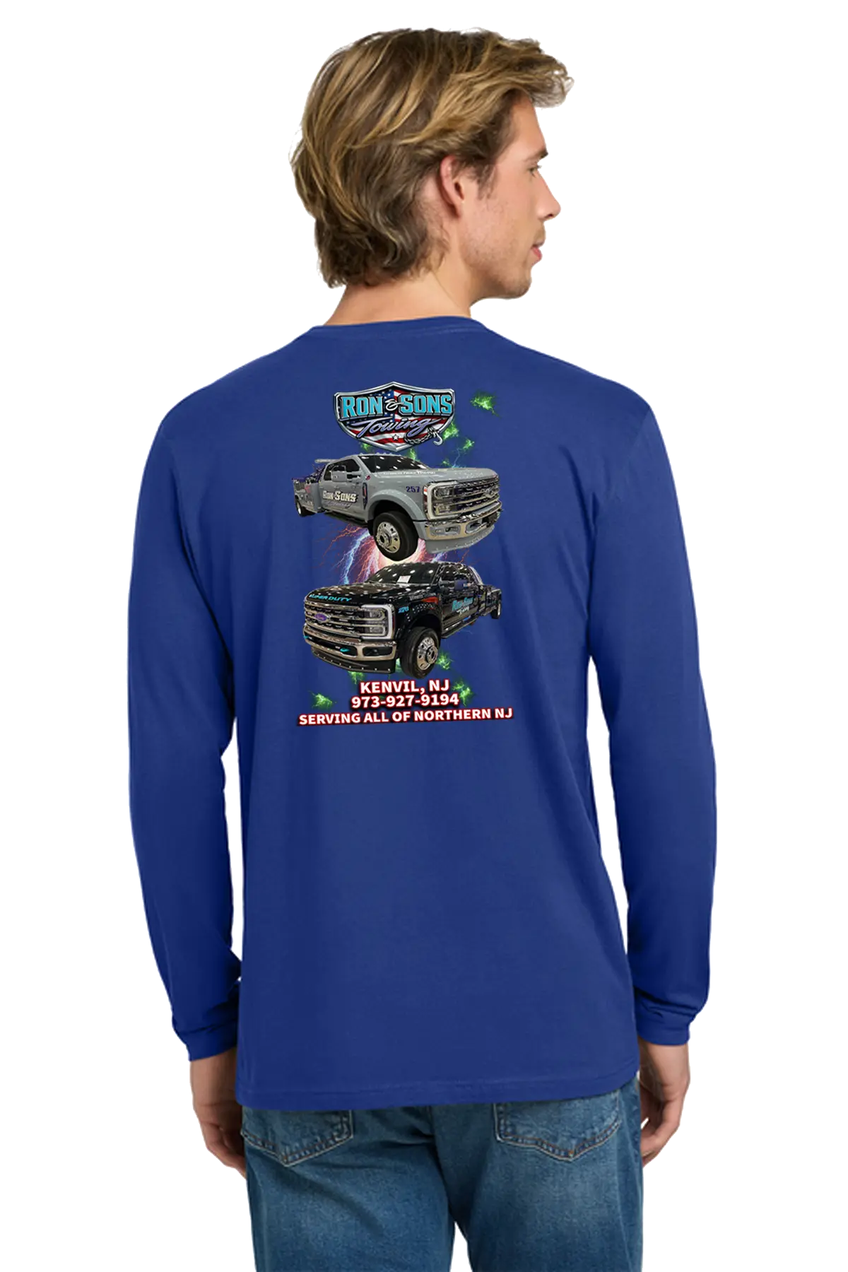 Person wearing a blue long-sleeve shirt with graphic designs and text on the back. Ron and Sons Towing, Paper Street Print Co, Blairstown, NJ.