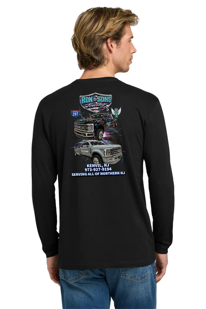 Person wearing a black long-sleeve shirt with graphics and text on the back, standing against a white background. Ron and Sons Towing, Paper Street Print Co, Blairstown, NJ.