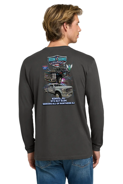 Person wearing a long-sleeve shirt with graphics and text on the back, standing against a white background. Ron and Sons Towing, Paper Street Print Co, Blairstown, NJ.
