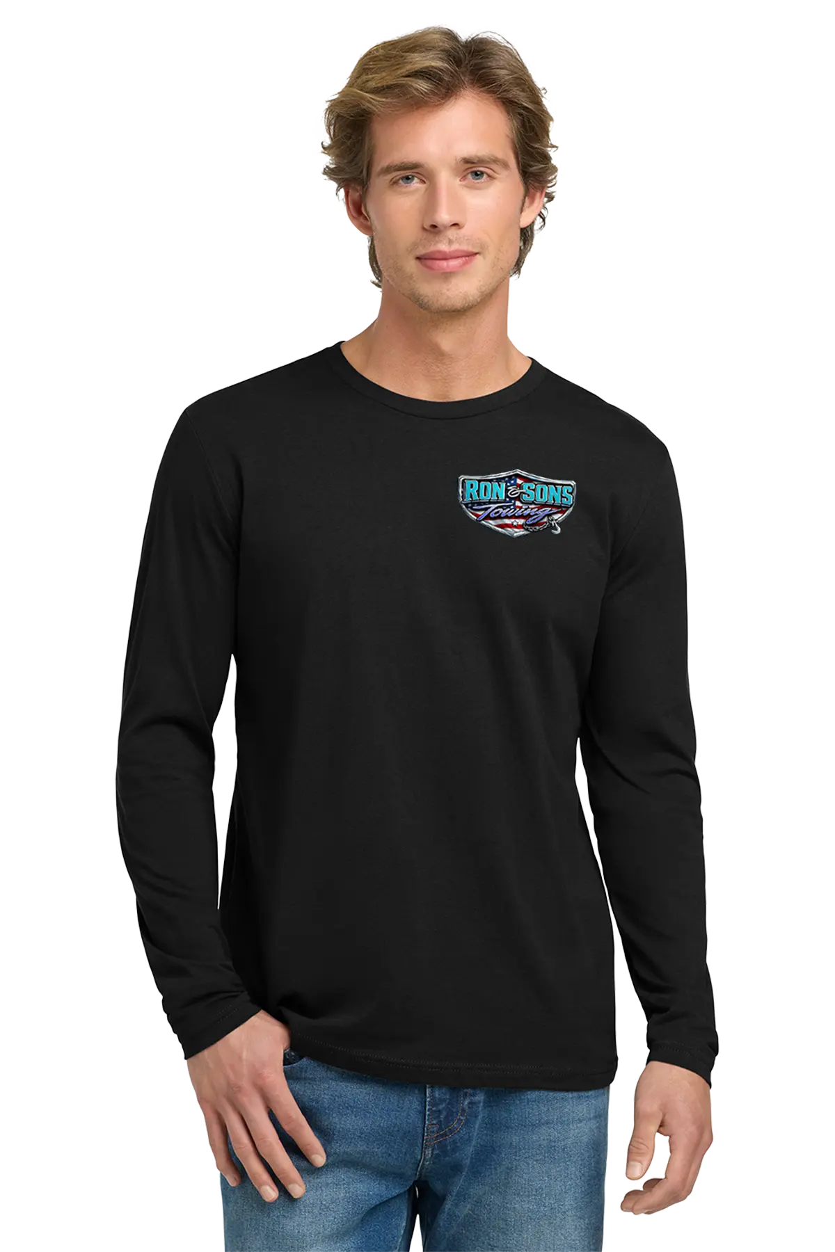 Man wearing a black long-sleeve shirt with a logo on a white background. Ron and Sons Towing, Paper Street Print Co, Blairstown, NJ.