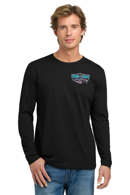 Man wearing a black long-sleeve shirt with a logo on a white background. Ron and Sons Towing, Paper Street Print Co, Blairstown, NJ.