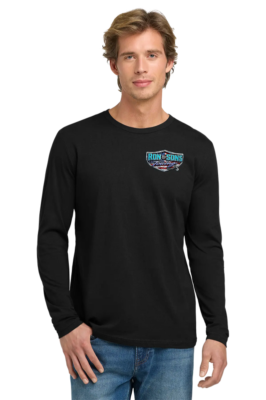 Man wearing a black long-sleeve shirt with a logo on a white background. Ron and Sons Towing, Paper Street Print Co, Blairstown, NJ.
