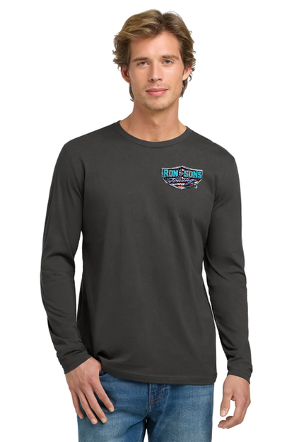 Man wearing a black long-sleeve shirt with a logo on a white background. Ron and Sons Towing, Paper Street Print Co, Blairstown, NJ.