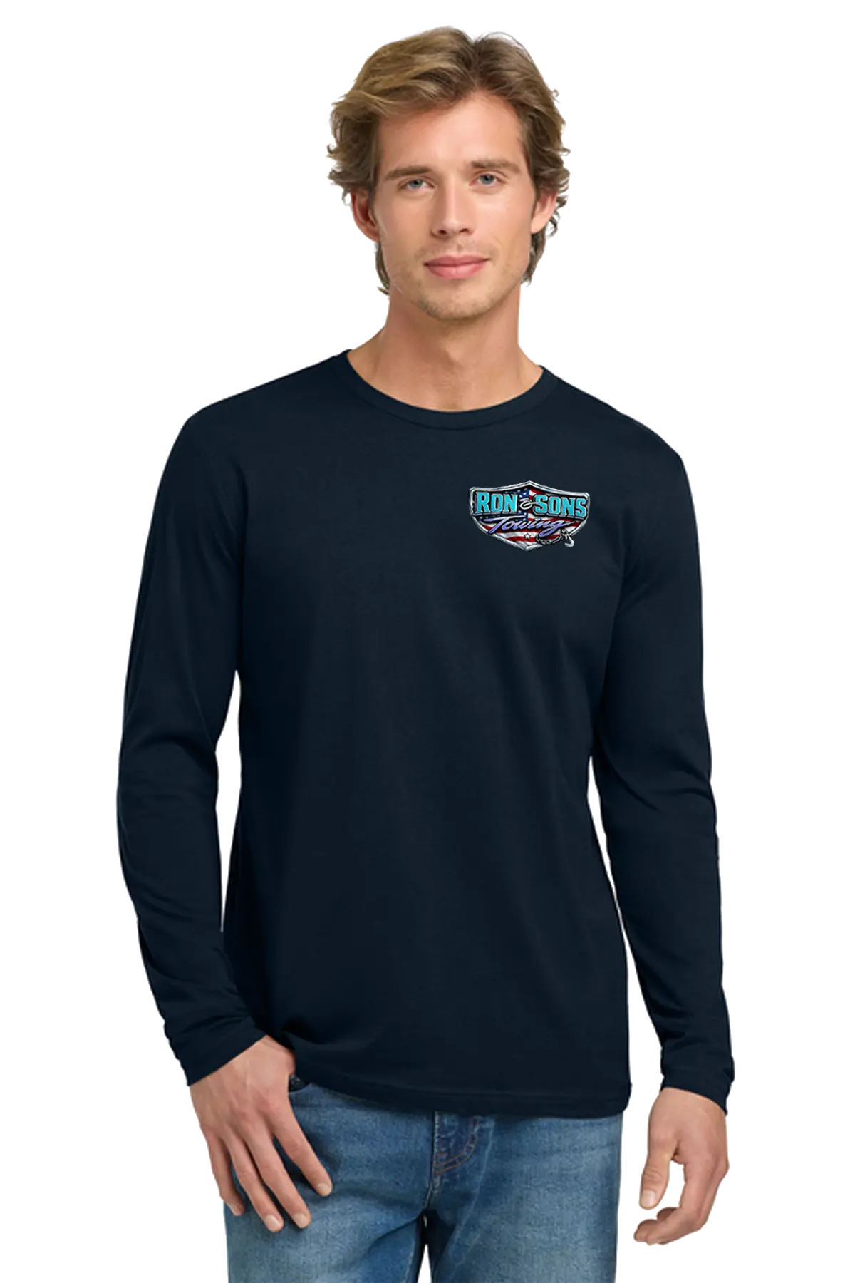 Man wearing a navy long-sleeve shirt with a logo on a white background. Ron and Sons Towing, Paper Street Print Co, Blairstown, NJ.