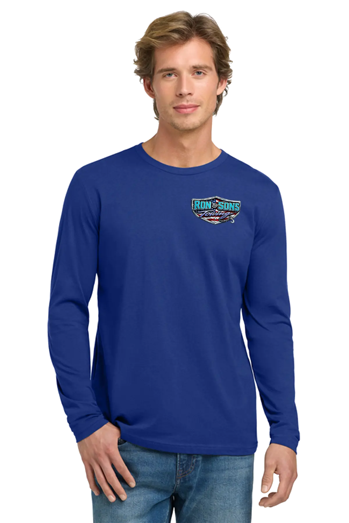 Man wearing a blue long-sleeve shirt with a logo on a white background. Ron and Sons Towing, Paper Street Print Co, Blairstown, NJ.