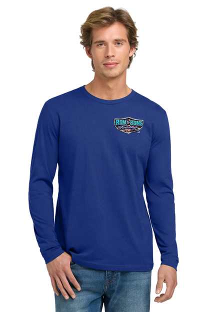 Man wearing a blue long-sleeve shirt with a logo on a white background. Ron and Sons Towing, Paper Street Print Co, Blairstown, NJ.