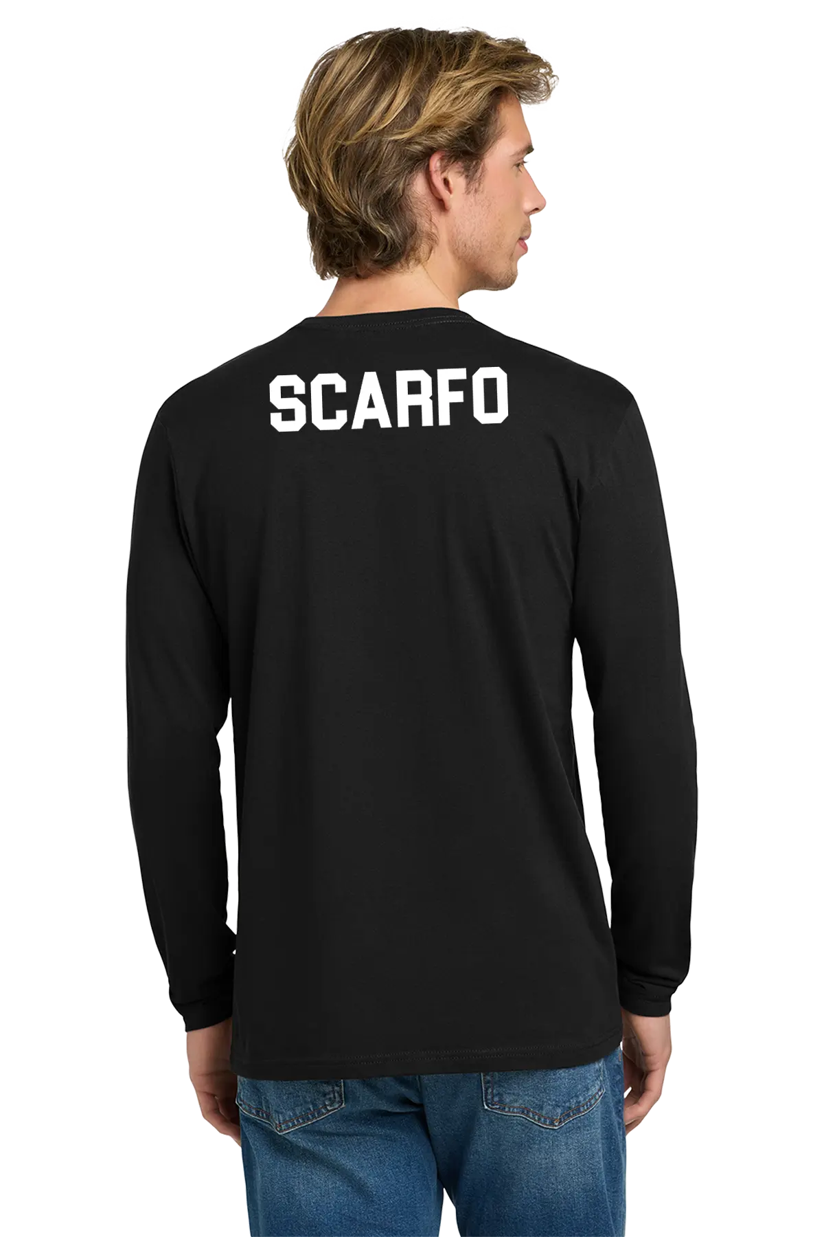 Person wearing a black long-sleeve shirt with 'SCARFO' printed on the back, standing against a white background. Paper Street Print Co, Blairstown, NJ.