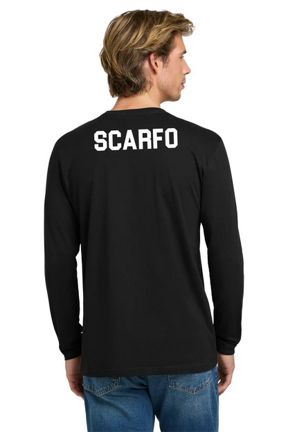 Person wearing a black long-sleeve shirt with 'SCARFO' printed on the back, standing against a white background. Paper Street Print Co, Blairstown, NJ.