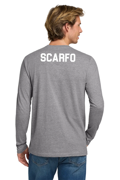 Man wearing a gray long-sleeve shirt with 'SCARFO' printed on the back against a white background. Paper Street Print Co, Blairstown, NJ.