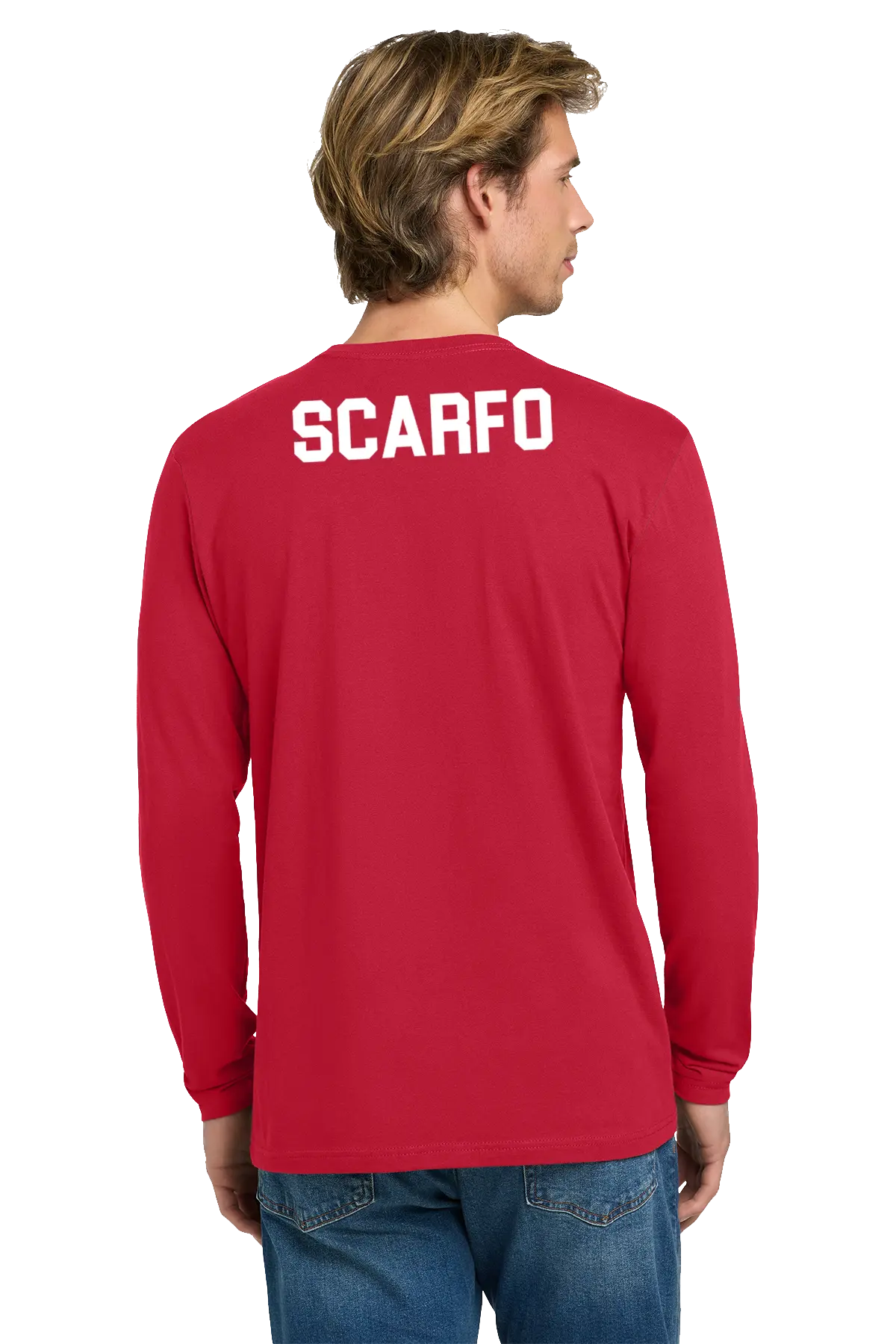 Person wearing a red long-sleeve shirt with 'SCARFO' printed on the back, standing against a white background. Paper Street Print Co, Blairstown, NJ.