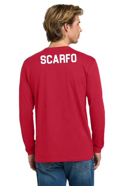Person wearing a red long-sleeve shirt with 'SCARFO' printed on the back, standing against a white background. Paper Street Print Co, Blairstown, NJ.