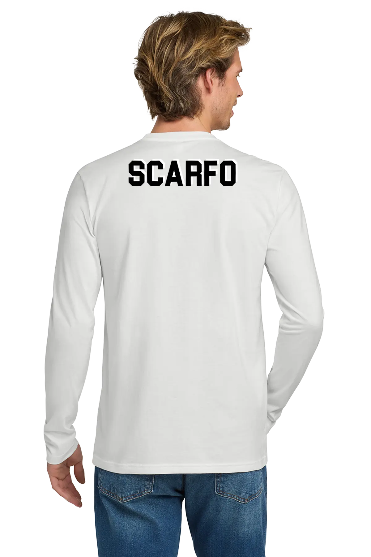 Man wearing a white long-sleeve shirt with 'SCARFO' printed on the back, standing against a white background. Paper Street Print Co, Blairstown, NJ.
