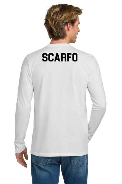 Man wearing a white long-sleeve shirt with 'SCARFO' printed on the back, standing against a white background. Paper Street Print Co, Blairstown, NJ.